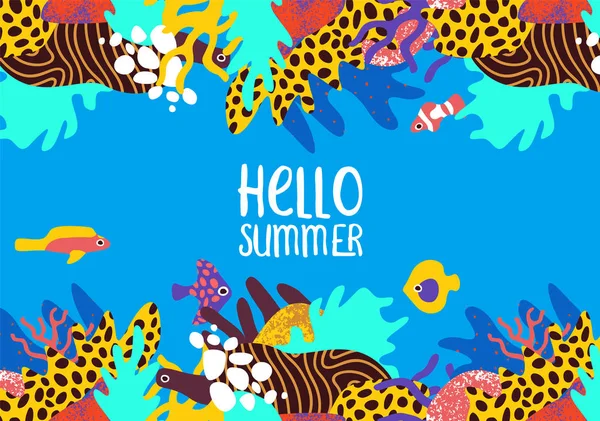 Olá Summer card of tropical coral reef fish art — Vetor de Stock