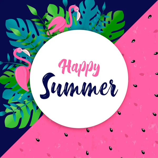 Happy Summer kort av Flamingo och tropiska växt — Stock vektor