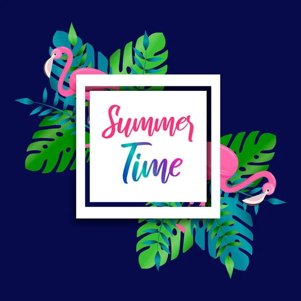 Cartão de hora de verão de flamingo e plantas tropicais — Vetor de Stock