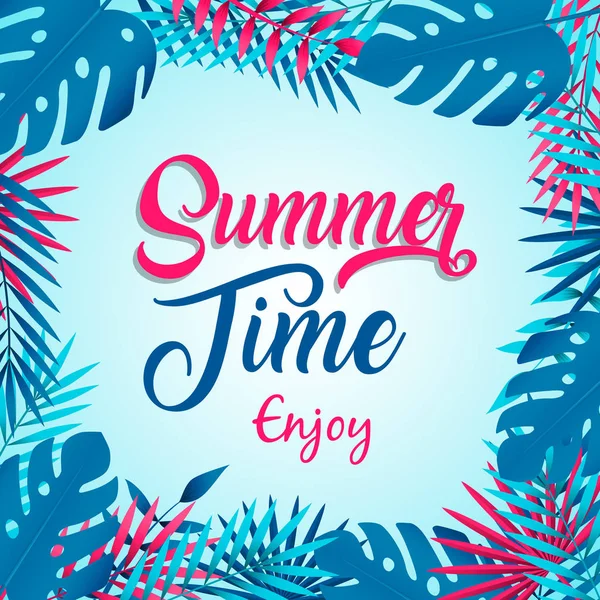 Cartão da hora de verão de plantas tropicais e palmeira — Vetor de Stock