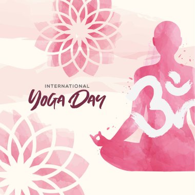 Pembe suluboya kadın ve çiçeklerin Yoga Günü kartı