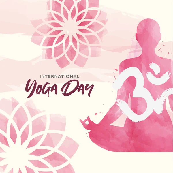 Tarjeta del día del yoga de color rosa acuarela mujer y flores — Archivo Imágenes Vectoriales