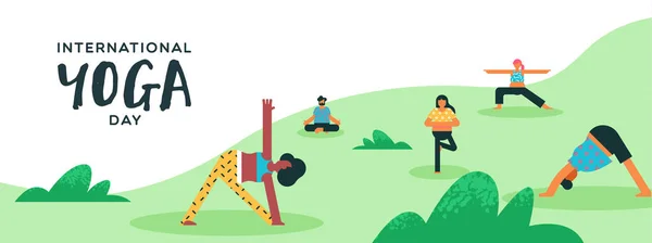 Yoga Day banner of people doing exercise outdoor — 스톡 벡터