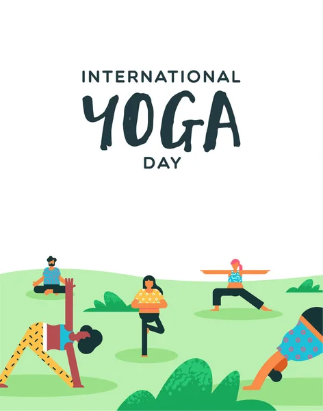 Yoga Day poster of people doing exercise in park — 스톡 벡터