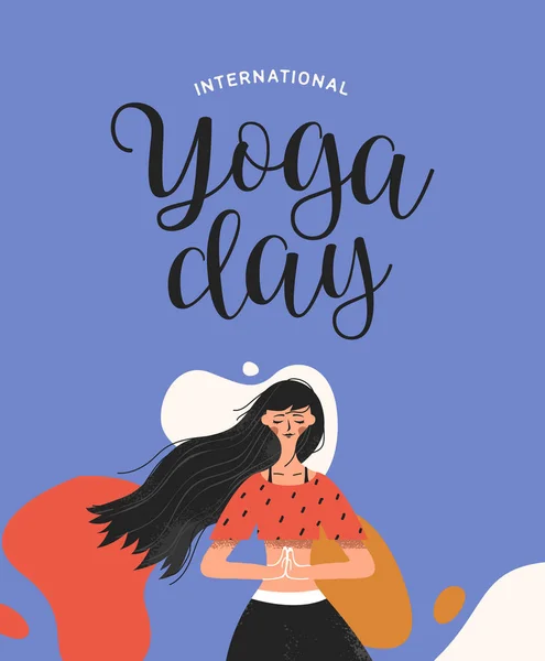 Yoga Day card of woman in tree pose exercise — 스톡 벡터