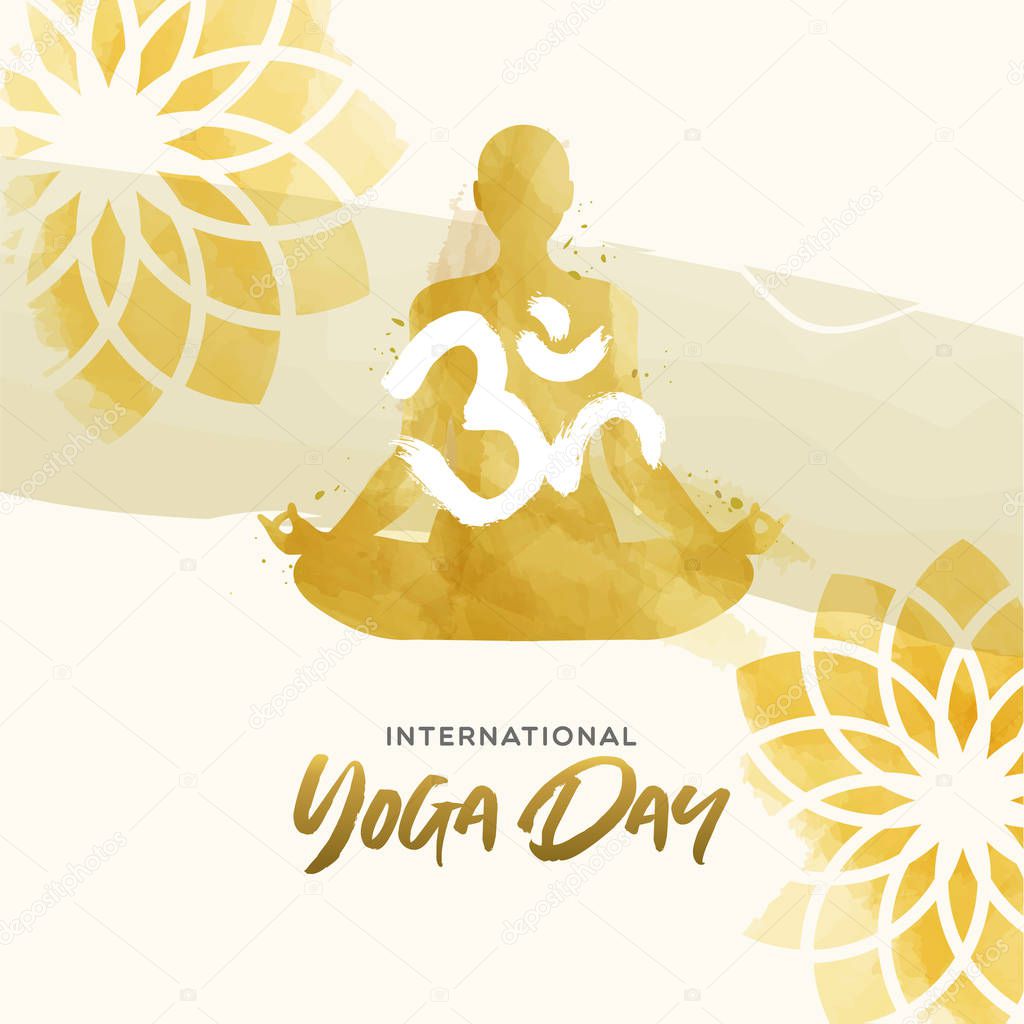 Watercolor Yoga Day card of woman in lotus pose