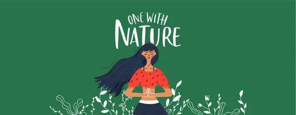 One with nature banner of woman doing yoga — Stock Vector