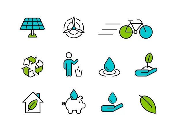 Zelená ikona nastavená ve stylu osnovy pro péči o přírodu — Stockový vektor