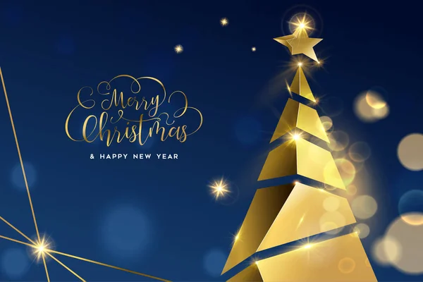 Natal e Ano Novo cartão de árvore de pinho 3D de ouro — Vetor de Stock