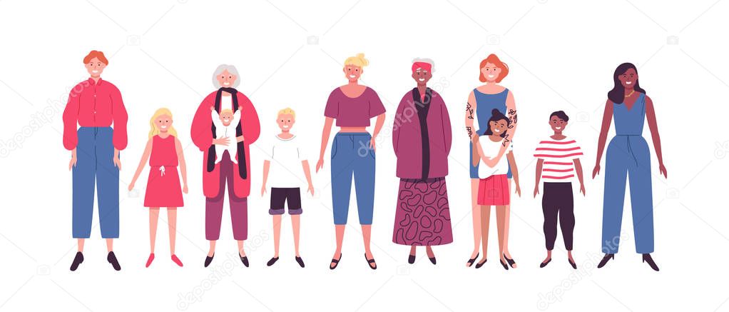 Set of women and family on isolated background