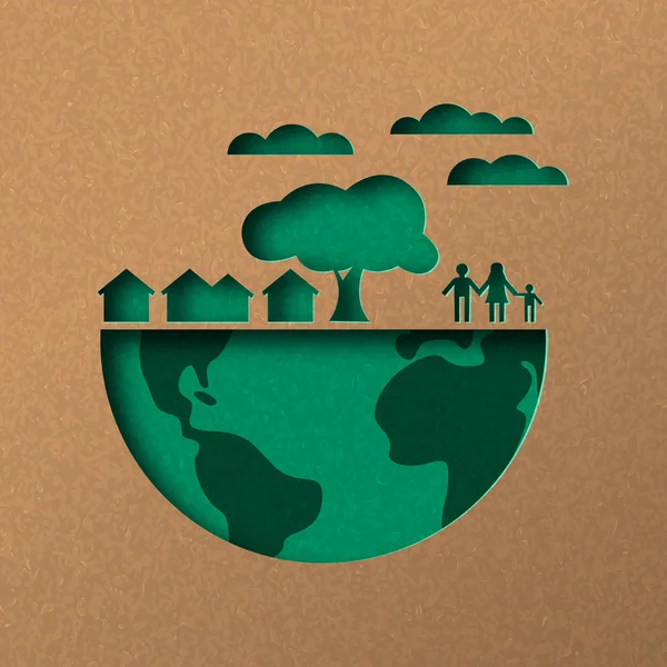 Mundo verde papercut concepto con eco ciudad — Archivo Imágenes Vectoriales