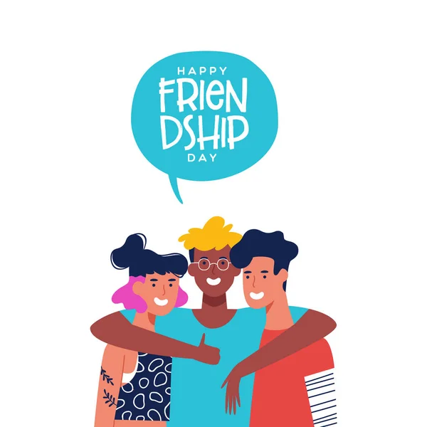 Journée de l'amitié carte de trois amis dans un câlin de groupe — Image vectorielle