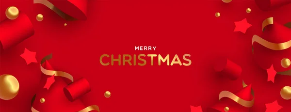 Merry Christmas banner 3D czerwony i złoty ornament — Wektor stockowy