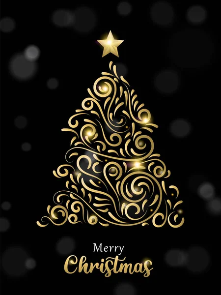 Tarjeta de Navidad de oro de lujo y pino negro — Vector de stock