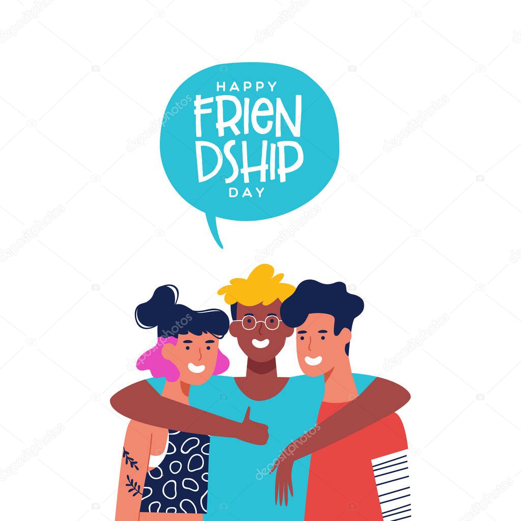 Friendship Day card of three friends in group hug