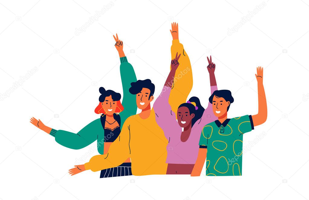 Happy diverse teen people group waving hello
