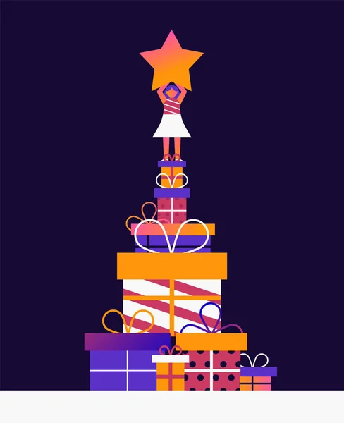 Concepto de árbol de Navidad con mujer y regalos — Vector de stock