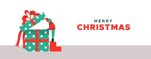 Merry Christmas banner av Kid öppning presentförpackning — Stock vektor