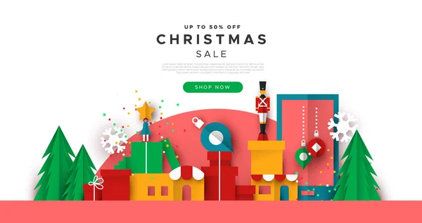 Modelo de venda web de Natal da cidade de brinquedo de corte de papel —  Vetores de Stock