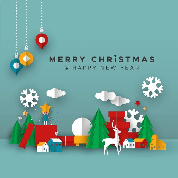 Noël et Nouvel An carte de papier découpé jouet ville — Image vectorielle