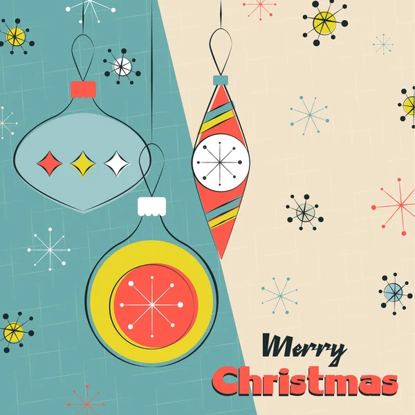 Merry Christmas Greeting Card Illustration Retro Xmas Hanging Ornament Baubles — Stock Vector