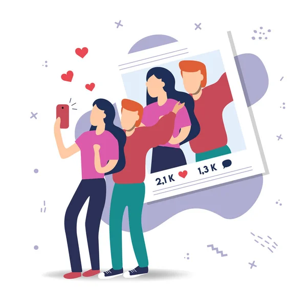 Casal homem e mulher falando selfie no aplicativo de telefone — Vetor de Stock