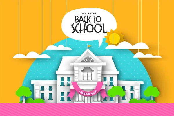 Volver a la tarjeta escolar papercut high school landscape — Vector de stock