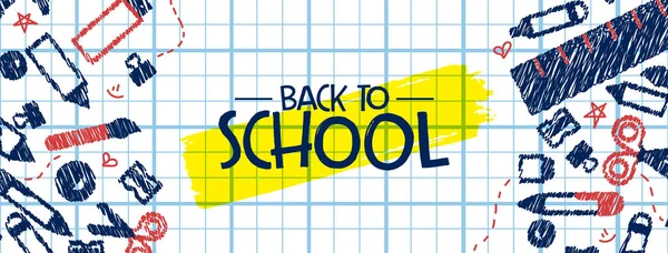 Terug naar school banner Fun High School doodle pictogrammen — Stockvector