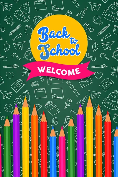 Back to school card color pencils on chalk board — Stock Vector