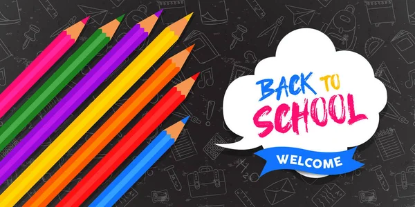 Back to school banner color pencils on blackboard — Stock Vector