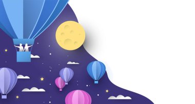 Gece gökyüzünde kağıt sıcak hava balonu arka planı