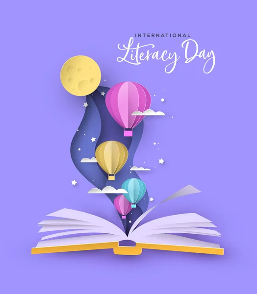 Literacy Day open boek papercut hete lucht ballon — Stockvector