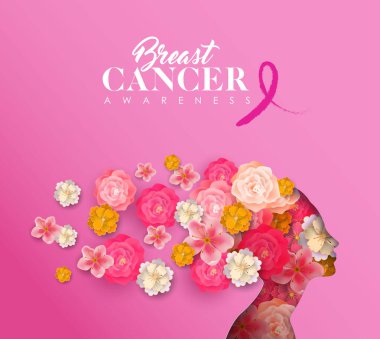 Göğüs kanseri farkındalığı kağıt kesimli çiçek kafalı kadın.