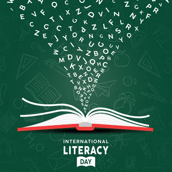 Literacy Day κάρτα έννοια ανοιχτό βιβλίο και αλφάβητο — Διανυσματικό Αρχείο