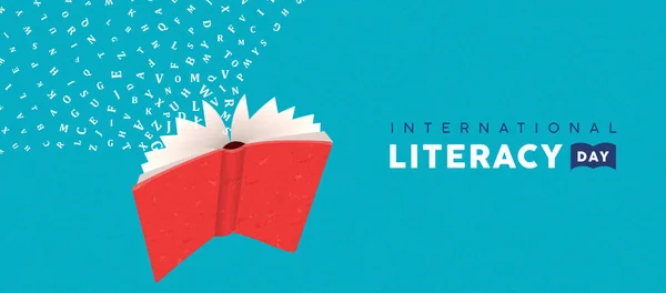 Literacy Day κάρτα έννοια του ιπτάμενου αλφαβήτου βιβλίο — Διανυσματικό Αρχείο