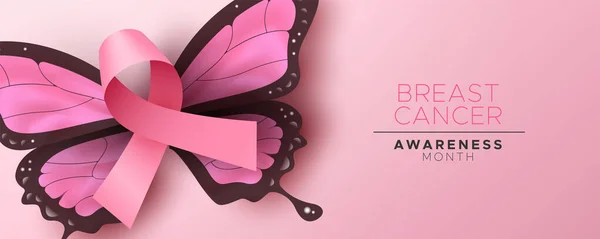 유방암 인식 분홍색 나비 날개 리본 — 스톡 벡터