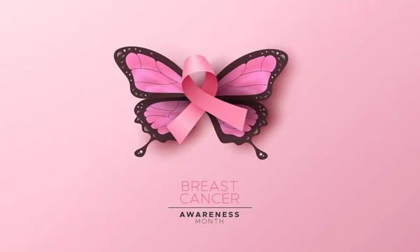 Breast cancer awareness pink butterfly wing ribbon — Stock Vector