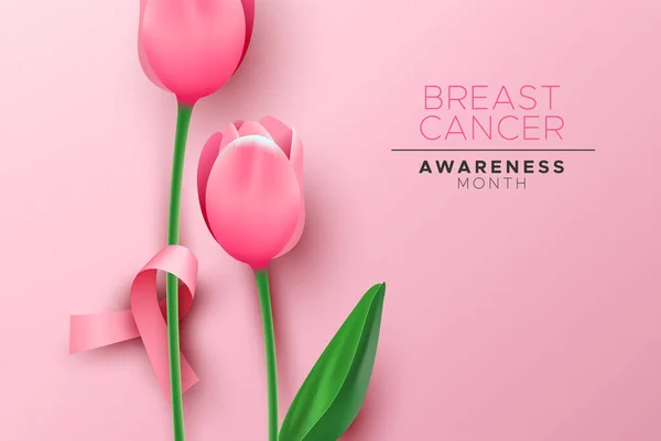Поінформованість про рак молочної залози рожева стрічка квітка тюльпана — стоковий вектор