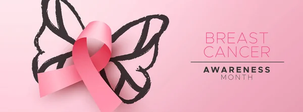 Cancro al seno scheda di consapevolezza rosa nastro farfalla — Vettoriale Stock