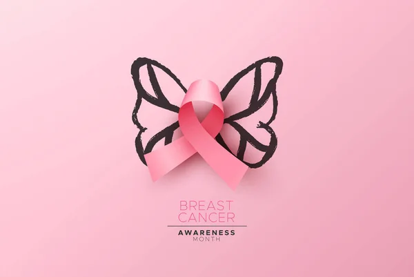 Breast Cancer awareness card pink ribbon butterfly — Stock Vector