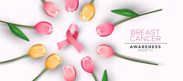 Breast cancer awareness banner pink tulip ribbon — Stock Vector