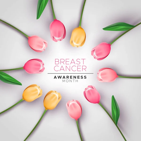 Карта обізнаності про рак молочної залози рожева 3d квітка тюльпанів — стоковий вектор