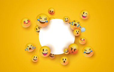 Eğlenceli sarı emoji simgesi beyaz daire çerçeve şablonu