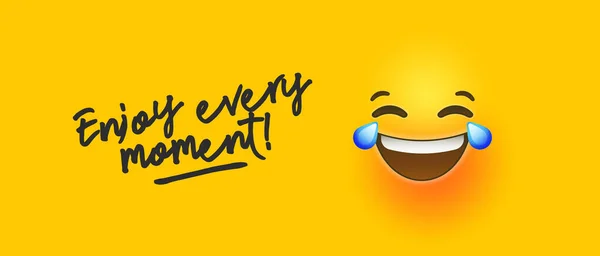 Grappig geel emoji banner genieten van elk moment citaat — Stockvector