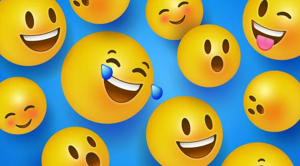 3d gele smiley gezicht pictogrammen op blauwe achtergrond — Stockvector
