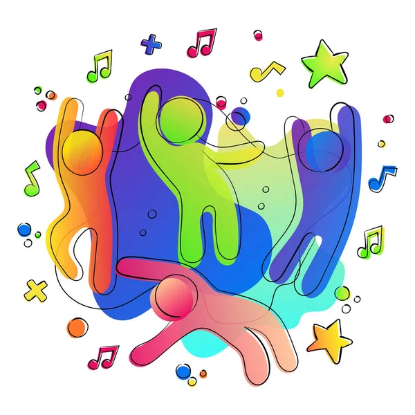 Divertenti amici colorati nel concetto di festa musicale — Vettoriale Stock