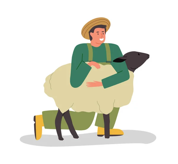 Happy farm man hugging cute sheep isolated — Stock Vector