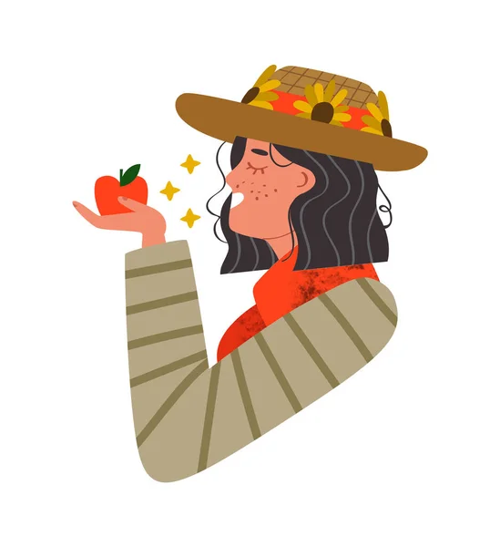 Mutlu çiftlik kadını elinde taze kırmızı elma meyvesi tutuyor. — Stok Vektör