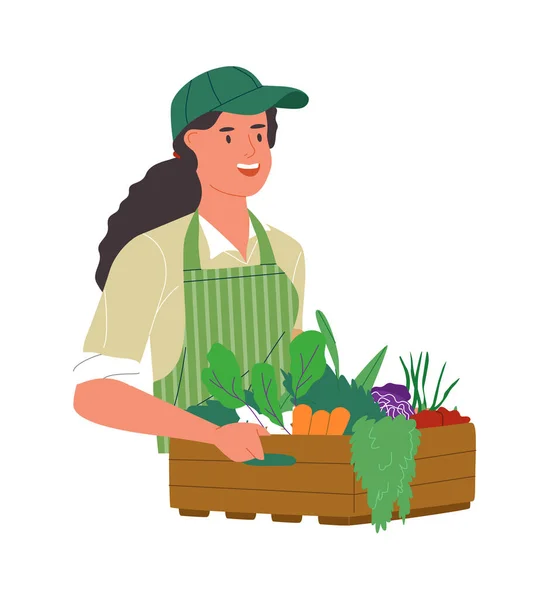 Wanita petani bahagia dengan kotak sayuran organik - Stok Vektor
