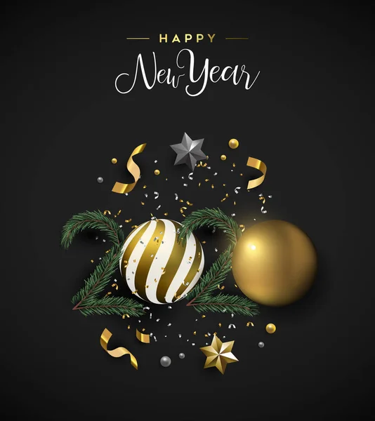 Feliz Año Nuevo 2020 tarjeta de oro 3d adorno de Navidad — Vector de stock